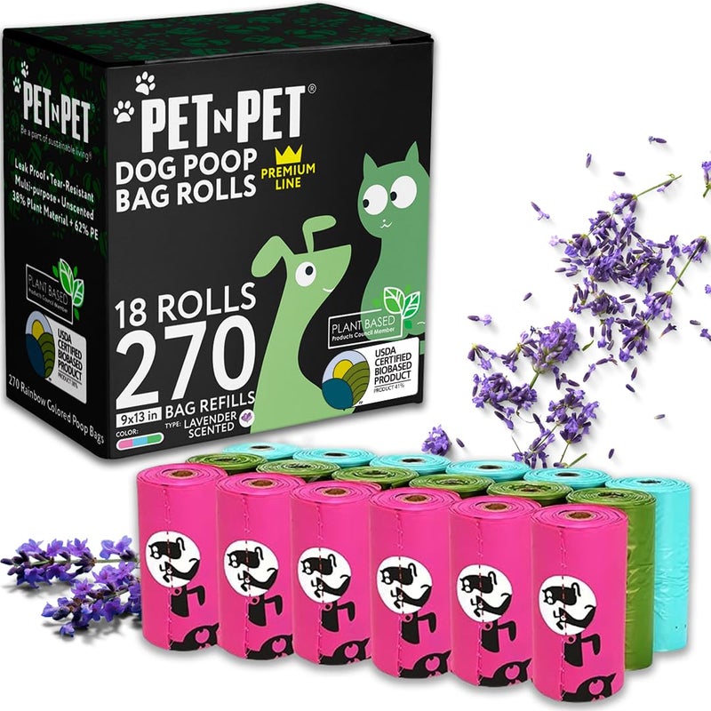 PET N PET حقائب فضلات ملونة برائحة اللافندر من بيت ن بيت 270 عدداً، 41% مصنوعة من النباتات و59% من البولي إيثيلين، رولز حقائب فضلات الكلاب السميكة، حقيبة الكلاب - Image 1